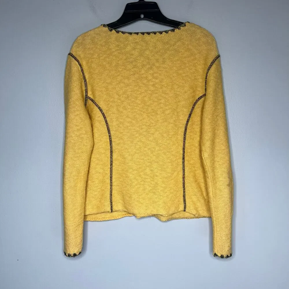 VTG Yellow Knit Button Front Cardigan Sweater Floral Applique Sz M Boho Eclectic